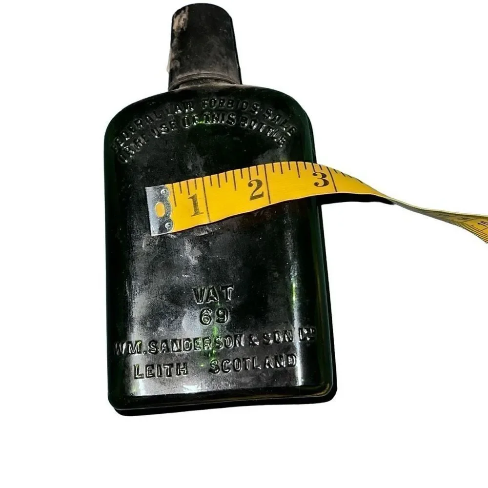 Antique Leith Scotland Black Glass Sanderson & Son Liquor Bottle Size 7” x 3.5”